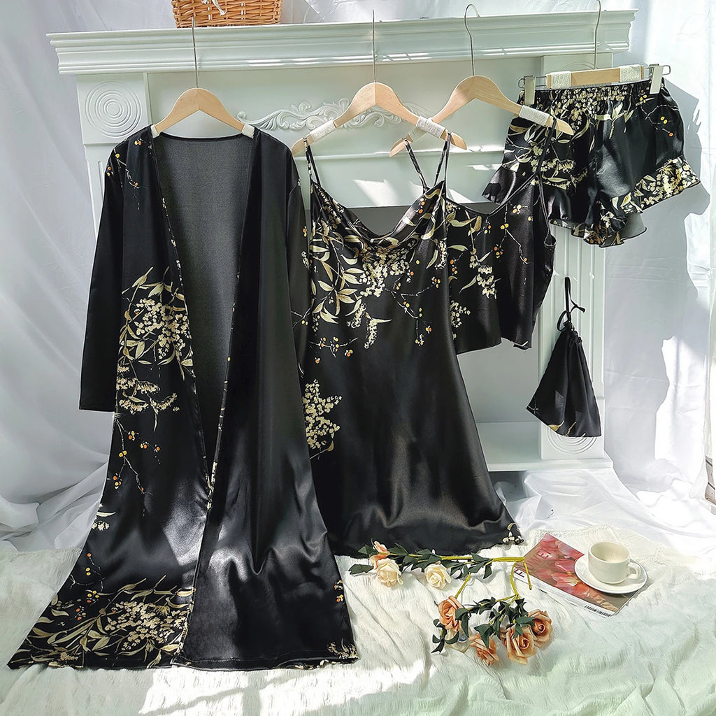5pcs Floral Print Long Sleeve Robe Cami Dress Cami Top Ruffle Hem Shorts Simple Pajamas Sets for Women
