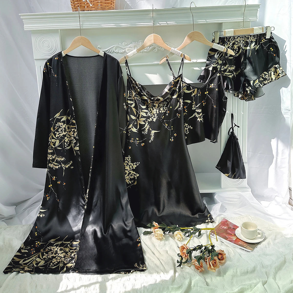 5pcs Floral Print Long Sleeve Robe Cami Dress Cami Top Ruffle Hem Shorts Simple Pajamas Sets for Women