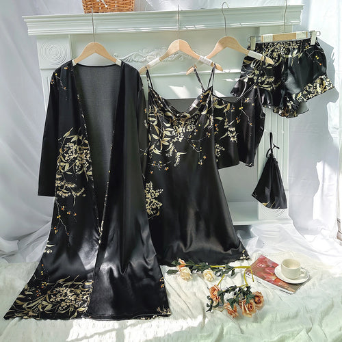 5pcs Floral Print Long Sleeve Robe Cami Dress Cami Top Ruffle Hem Shorts Simple Pajamas Sets for Women