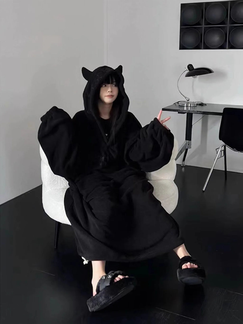 Thickened padded pajamas Solid color Homewear Loose oversized hooded Dresses Imp couple robe Fall and winter one-piece Sleepwear