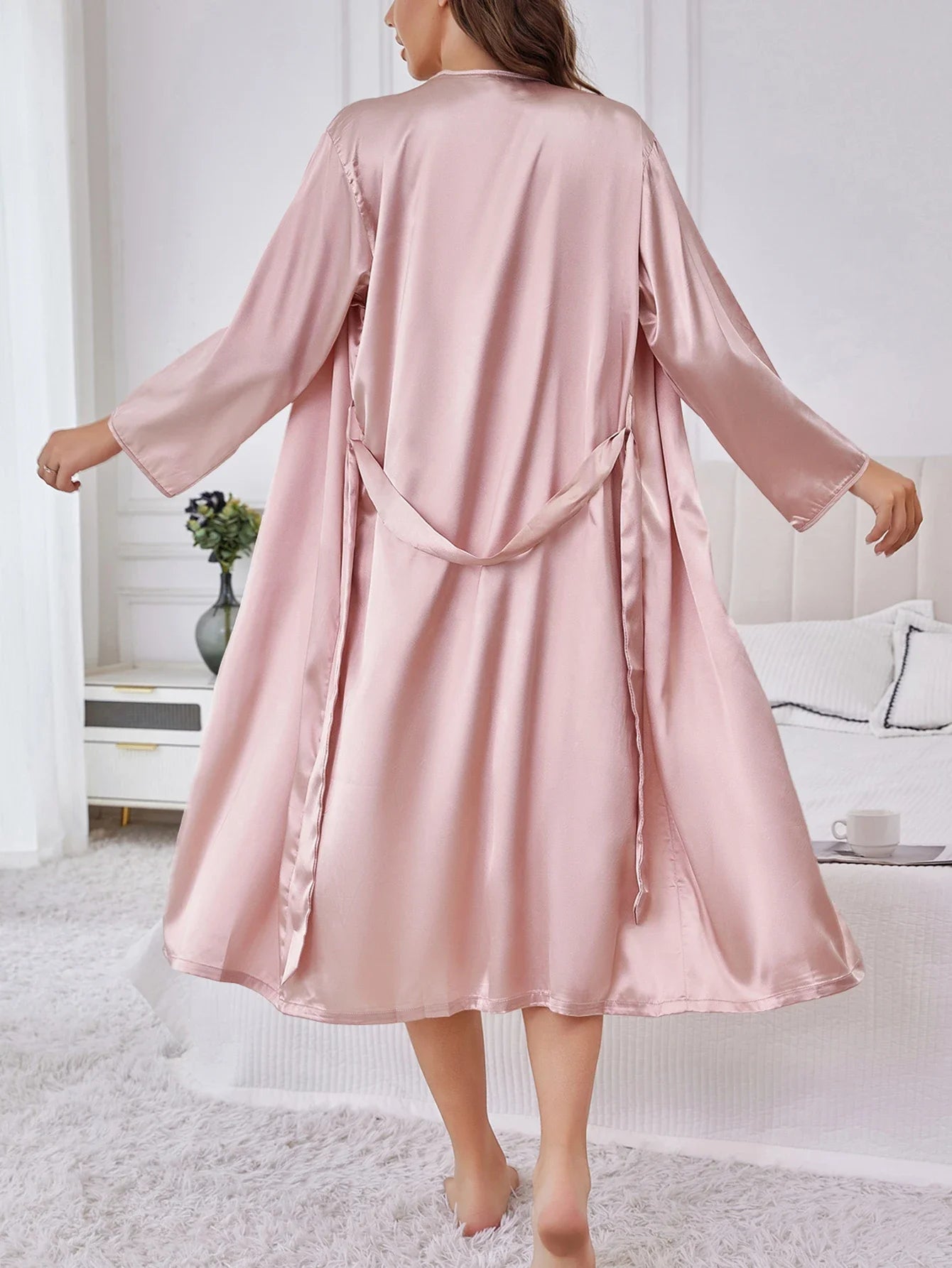 Ladies Two Piece Premium Sleepwear Set Simple Solid Color Design Sensual Short Chemise with Long Loose Robe and Sash